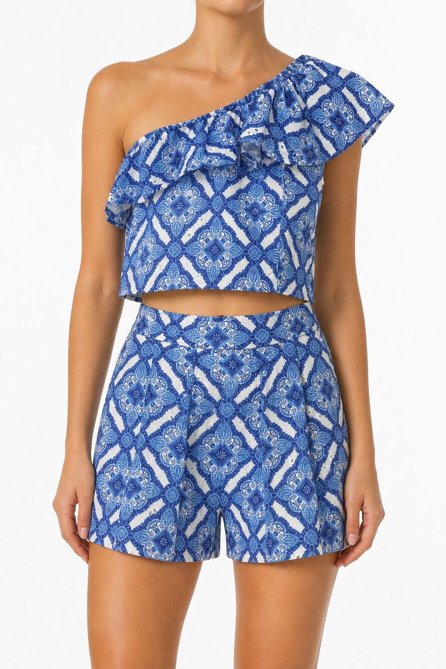 Blue Rain x Francesca's Mi Ami Blue White Eyelet Two-Piece Set XS/S Vacation